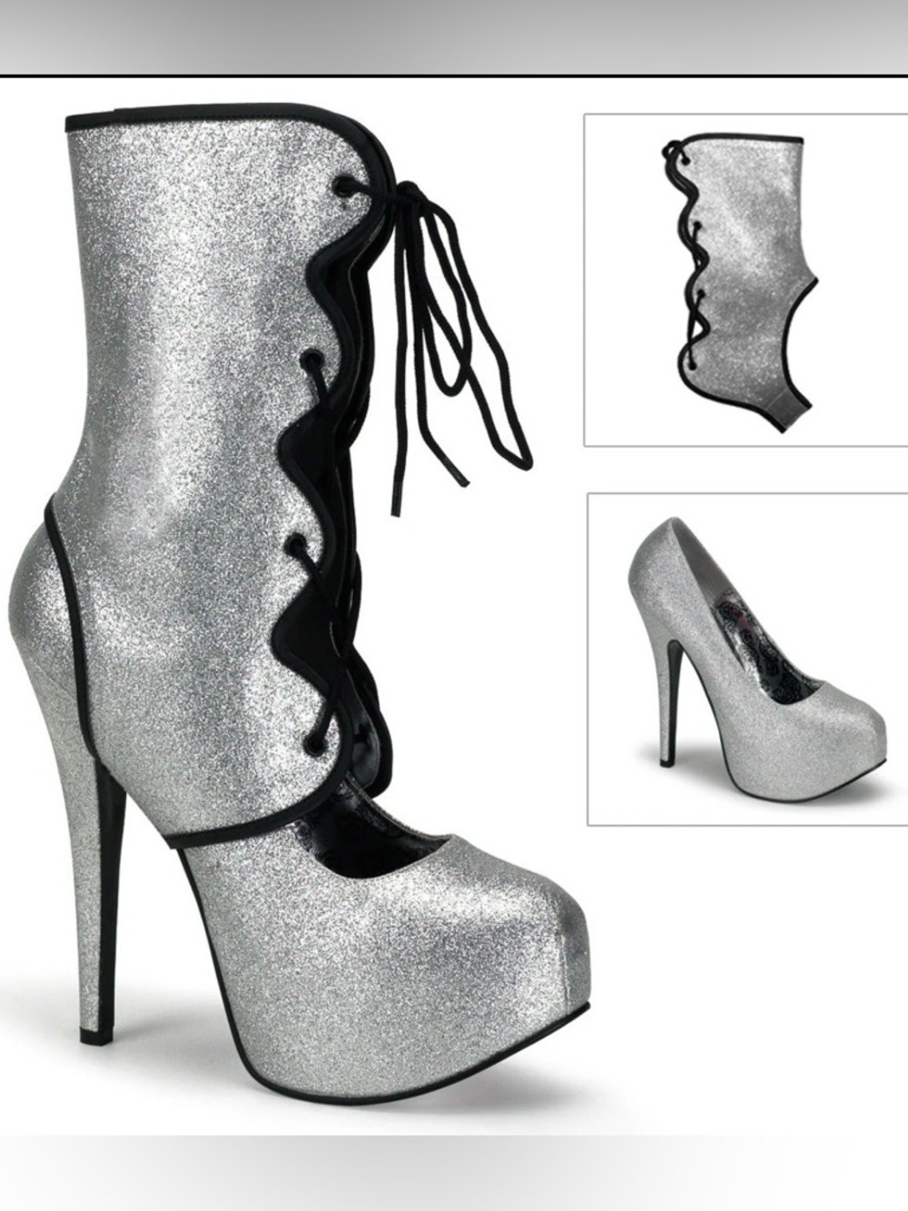Bordello Teeze-31G Silver Glitter Platform Heels Boots Size 9 NWT